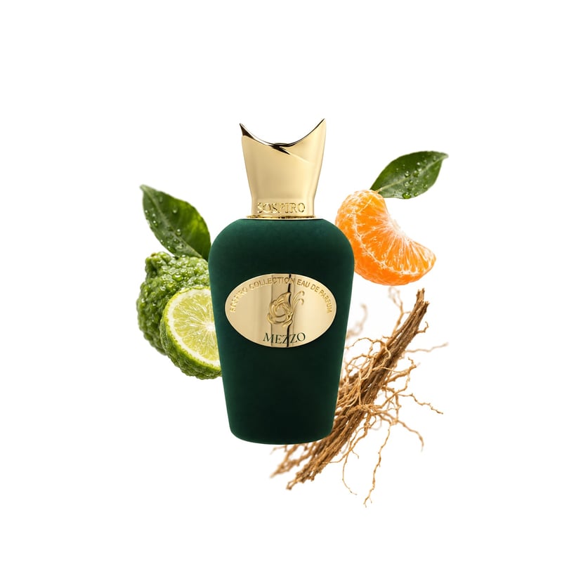Mezzo by Sospiro, bottle pictured with its key notes: Bergamot, Mandarin and Vetiver
