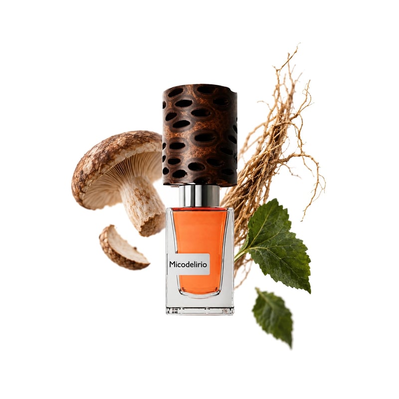 Micodelirio by Nasomatto, bottle pictured with its key notes: Mushroom, Vetiver and Patchouli