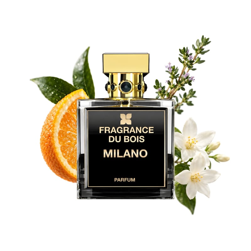 Milano by Fragrance Du Bois, bottle pictured with its key notes: Orange, Thyme and Jasmine