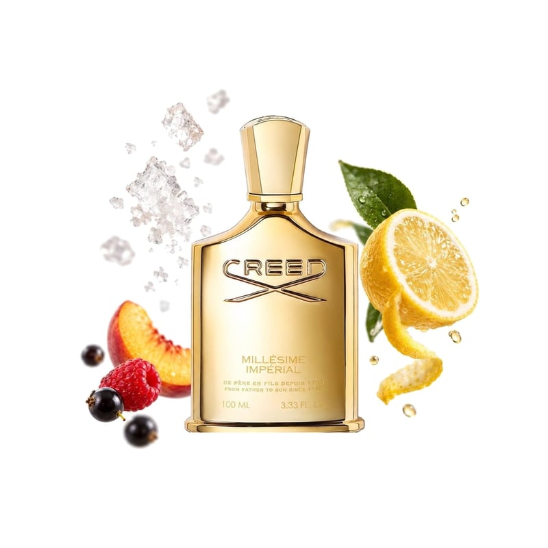 Millésime Impérial by Creed, bottle pictured with its key notes: Sea Salt, Fruity Notes and Sicilian Lemon