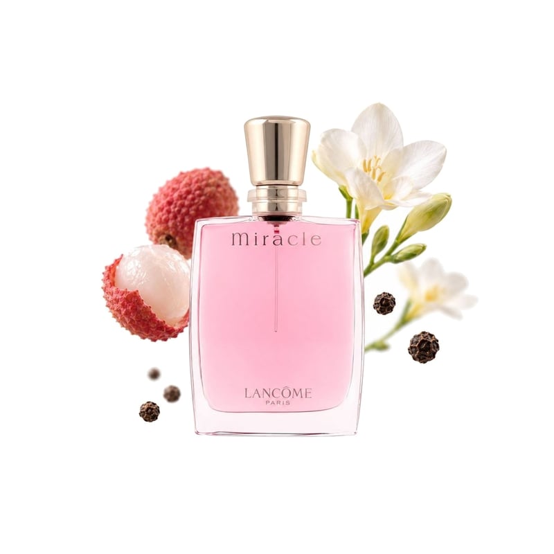 Miracle by Lancôme, bottle pictured with its key notes: Litchi, Freesia and Pepper
