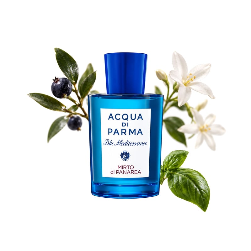 Mirto di Panarea by Acqua di Parma, bottle pictured with its key notes: Myrtle, Basil and Jasmine