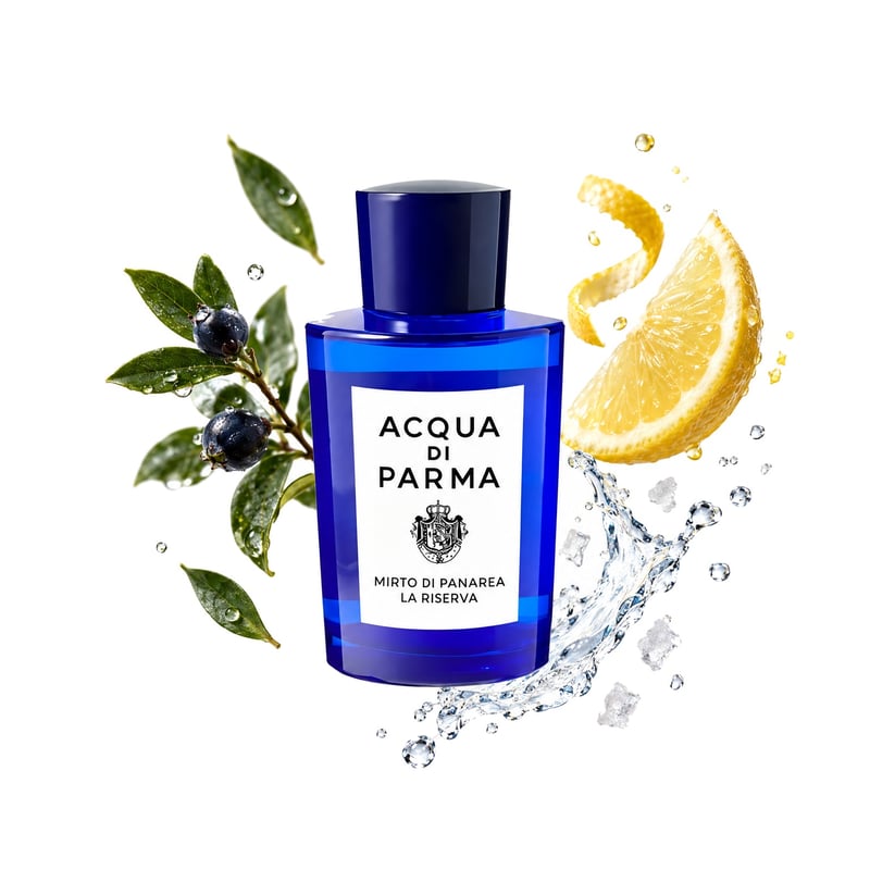 Mirto di Panarea La Spugnatura by Acqua di Parma, bottle pictured with its key notes: Myrtle, Lemon and Sea Notes