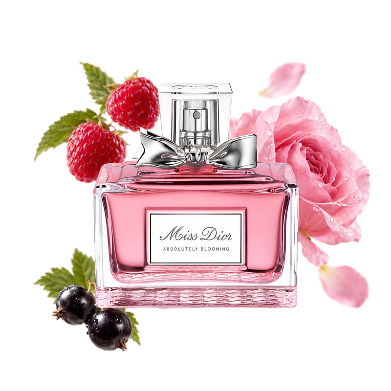 Miss Dior Absolutely Blooming by Dior, bottle pictured with its key notes: Raspberry, Black Currant and May Rose