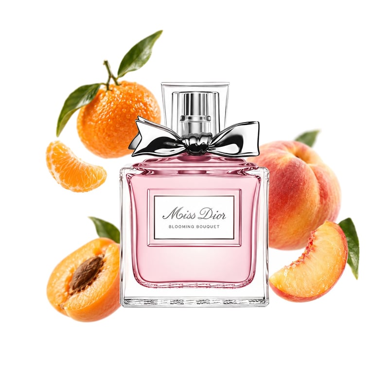 Dior Miss Dior Blooming Bouquet, flakon a jeho klíčové tóny: Sicilská mandarinka, Meruňka a Broskev