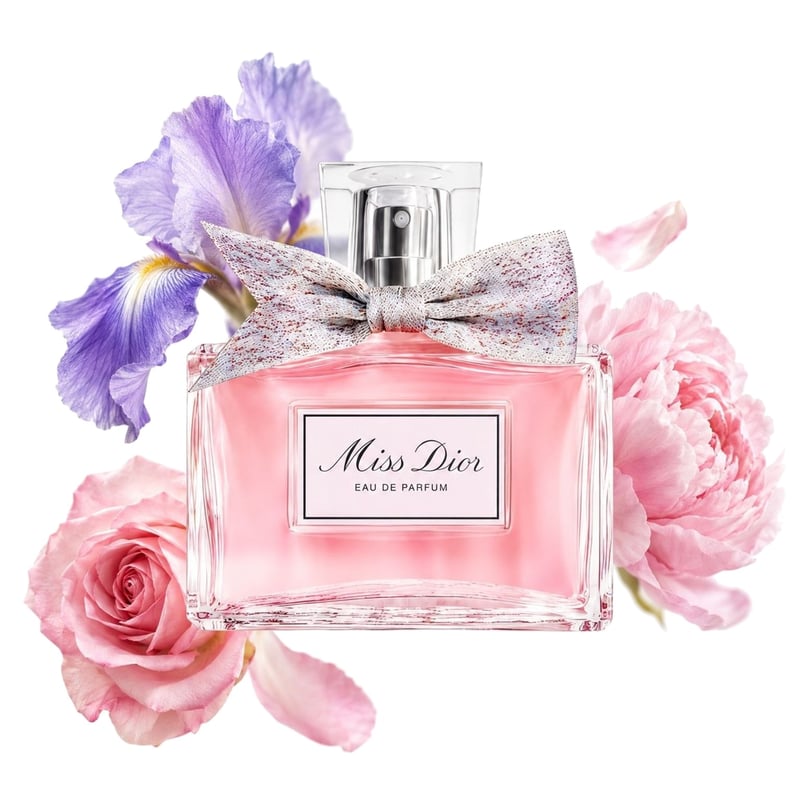 Miss Dior Eau de Parfum (2021) by Dior, bottle pictured with its key notes: Iris, Peony and Rose