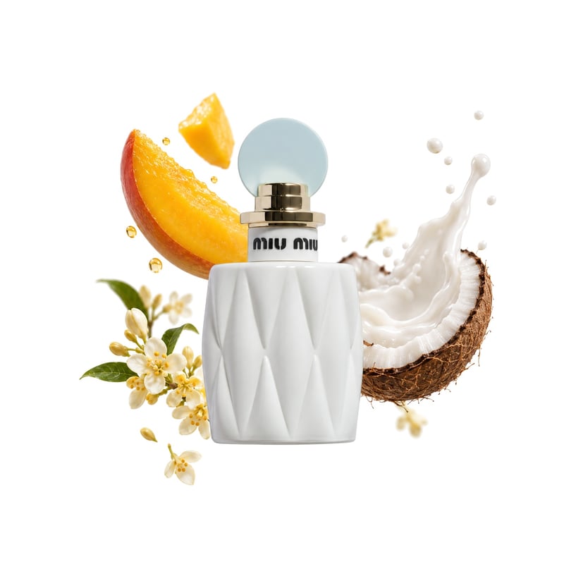 Fleur de Lait von Miu Miu, Flakon mit seinen Hauptnoten: Mango, Osmanthus und Kokosmilch