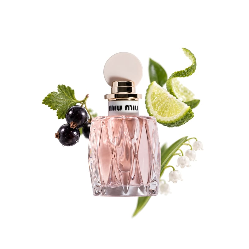 Miu Miu L'Eau Rosée, flakon a jeho klíčové tóny: Černý rybíz, Bergamot a Konvalinka