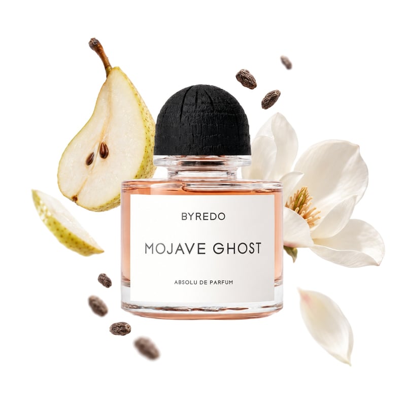 Mojave Ghost Absolu de la Byredo, flacon alături de notele principale: Pară, Ambretă și Magnolie