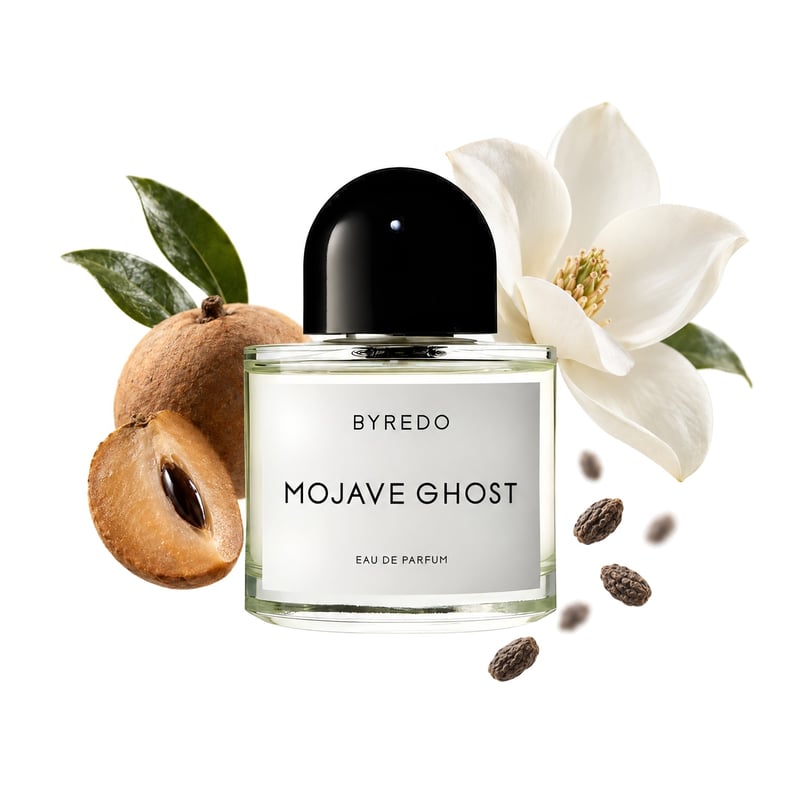 Mojave Ghost by Byredo, bottle pictured with its key notes: Jamaican Naseberry, Ambrette and Magnolia
