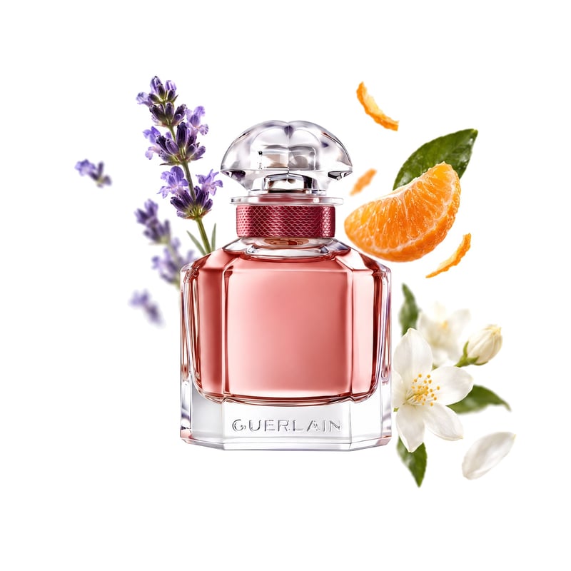 Mon Guerlain Eau de Parfum Intense by Guerlain, bottle pictured with its key notes: Lavender, Mandarin Orange and Jasmine Sambac