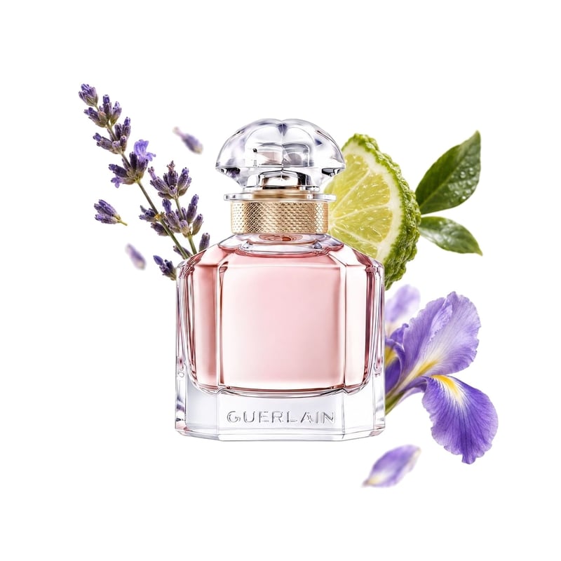Mon Guerlain by Guerlain, bottle pictured with its key notes: Lavender, Bergamot and Iris
