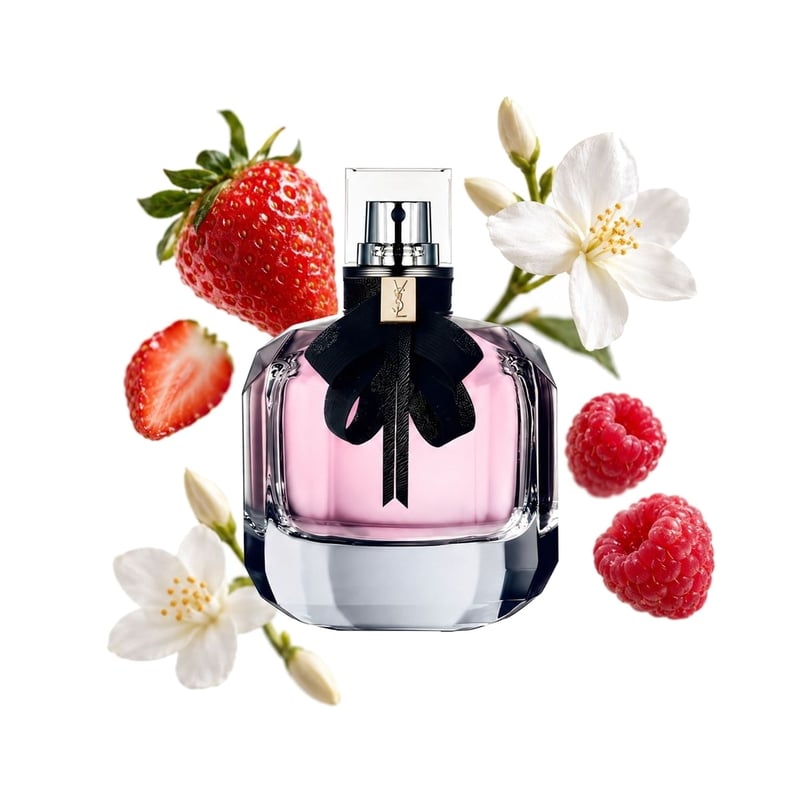 Mon Paris by Yves Saint Laurent, bottle pictured with its key notes: Strawberry, Raspberry and Jasmine Sambac