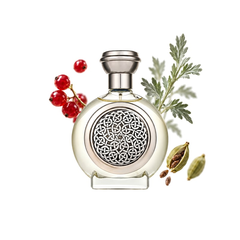 Monarch by Boadicea The Victorious, bottle pictured with its key notes: Red Berries, Artemisia and Cardamom