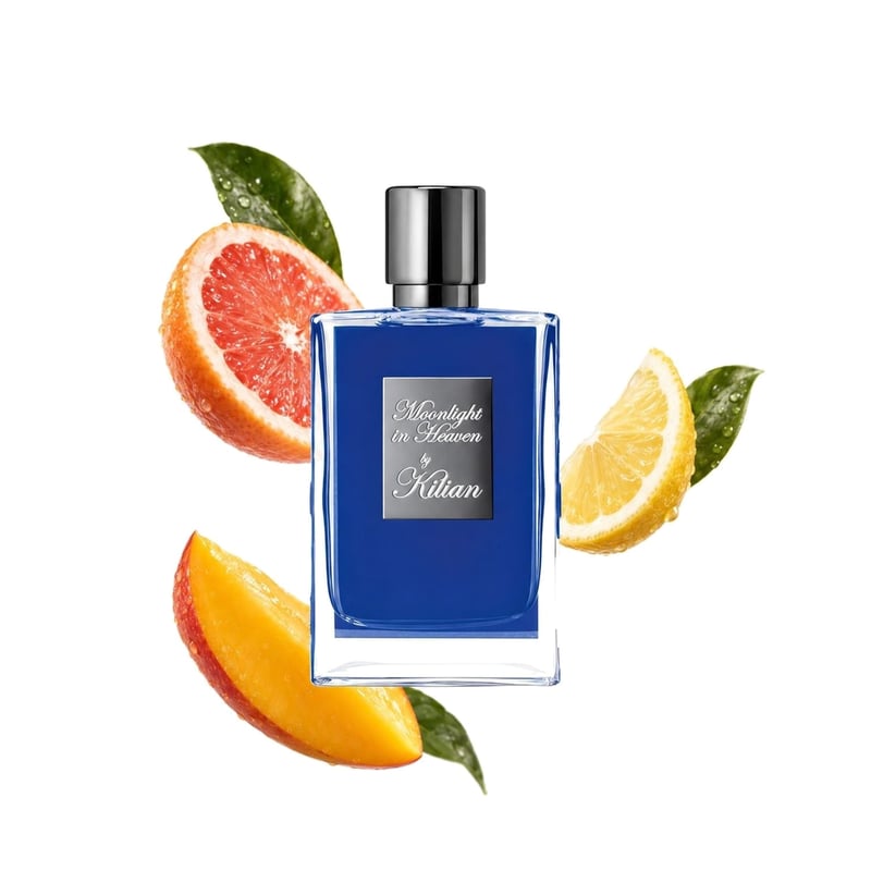 Moonlight in Heaven by By Kilian, bottle pictured with its key notes: Grapefruit, Lemon and Mango