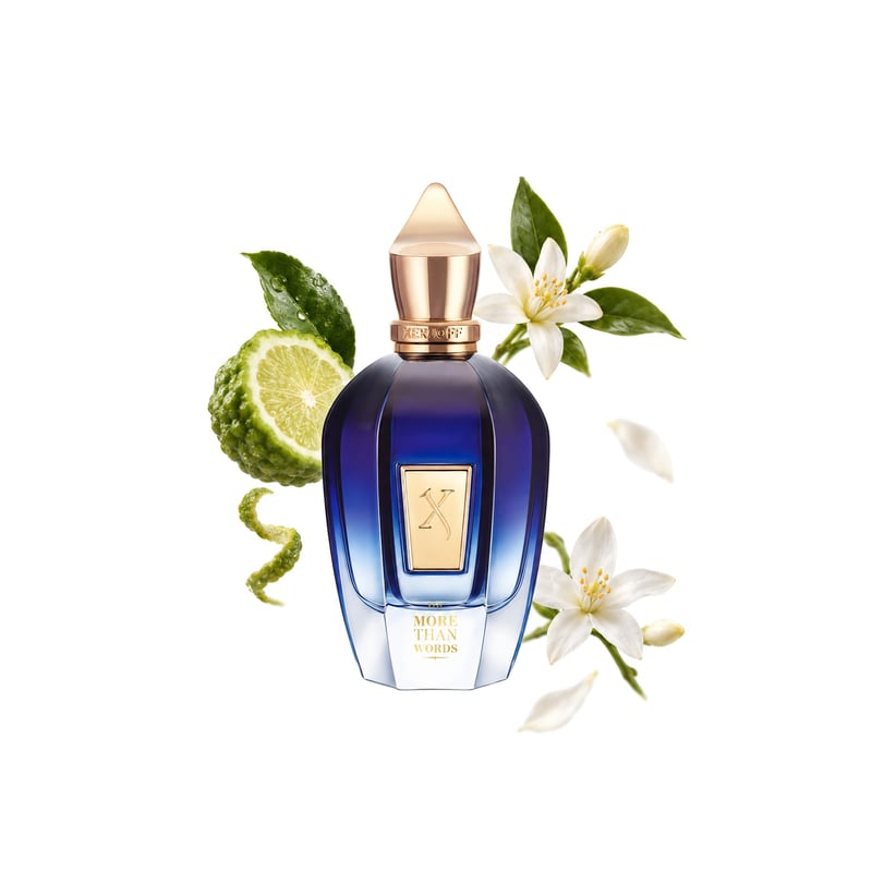 More Than Words by Xerjoff, bottle pictured with its key notes: Bergamot, Neroli and Jasmine