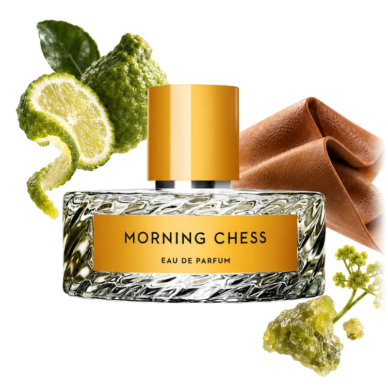 Morning Chess de Vilhelm Parfumerie, frasco con sus notas principales: Bergamota, Cuero toscano y Gálbano