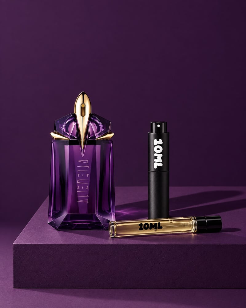Mugler Alien with a 10ML travel atomiser and a 10ML refill vial on a purple plinth