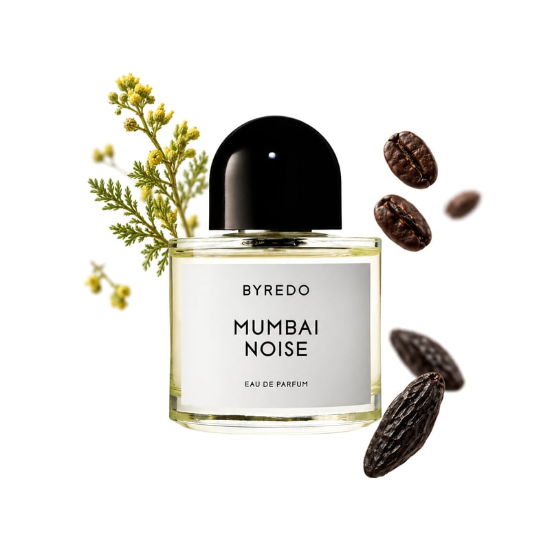 Mumbai Noise by Byredo, bottle pictured with its key notes: Davana, Coffee and Tonka Bean