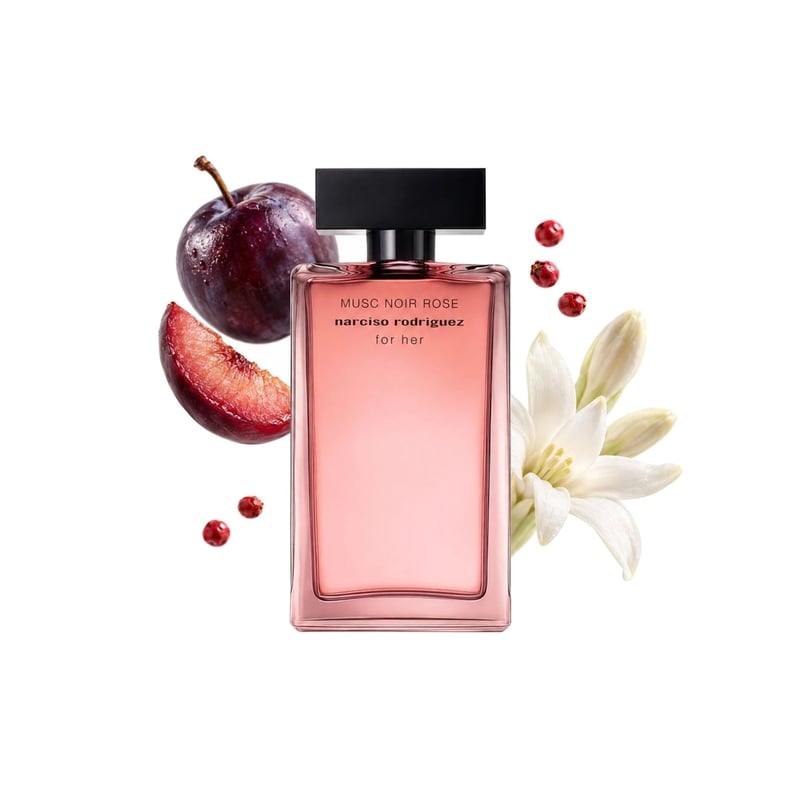 Musc Noir Rose For Her by Narciso Rodriguez, bottle pictured with its key notes: Plum, Pink Pepper and Tuberose