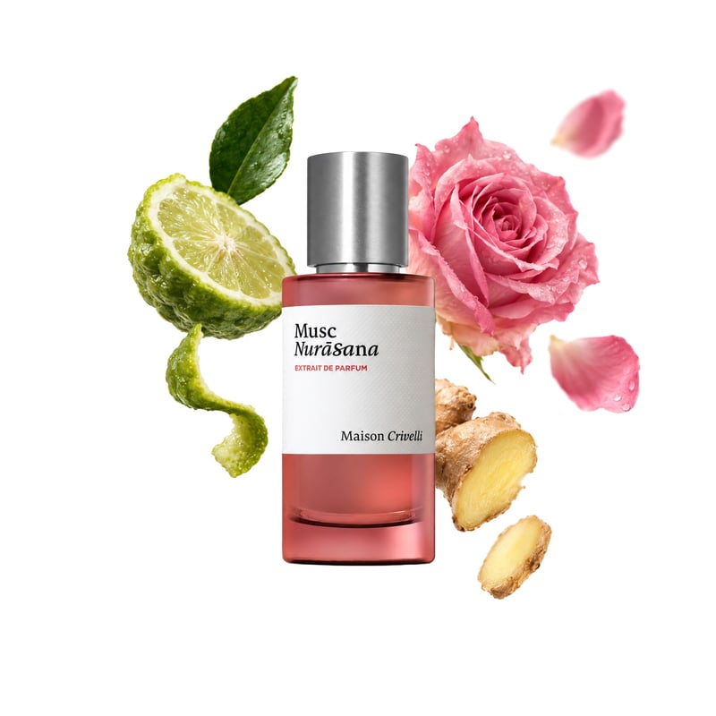Musc Nurasana by Maison Crivelli, bottle pictured with its key notes: Bergamot, Ginger and Damask Rose