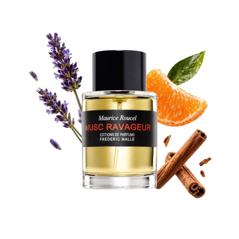 Musc Ravageur by Frederic Malle, bottle pictured with its key notes: Lavender, Tangerine and Cinnamon