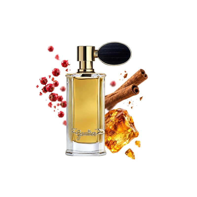 Musc Terrible by Jean Paul Gaultier, bottle pictured with its key notes: Pink Pepper, Cinnamon and Amber