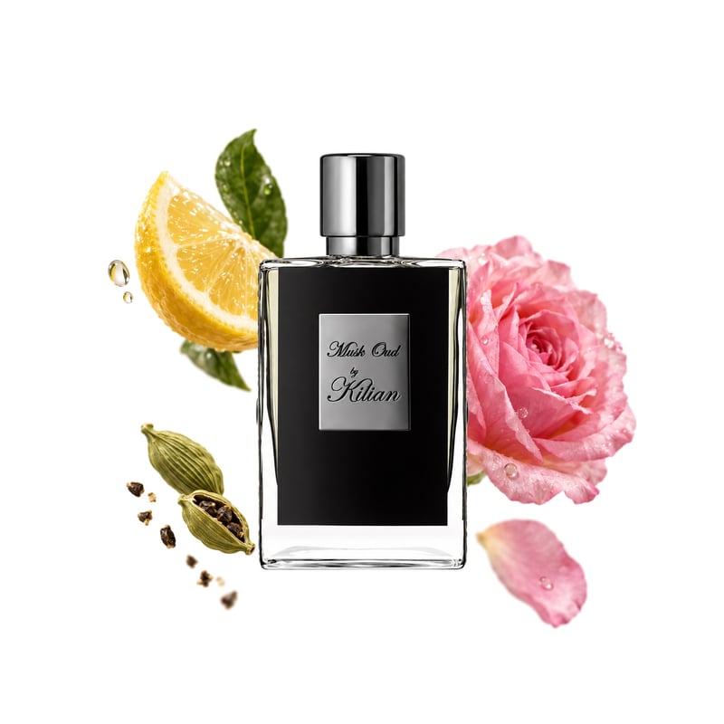 By Kilian Musk Oud, az üveg és fő illatjegyei: Citrom, Kardamom és Bolgár rózsa