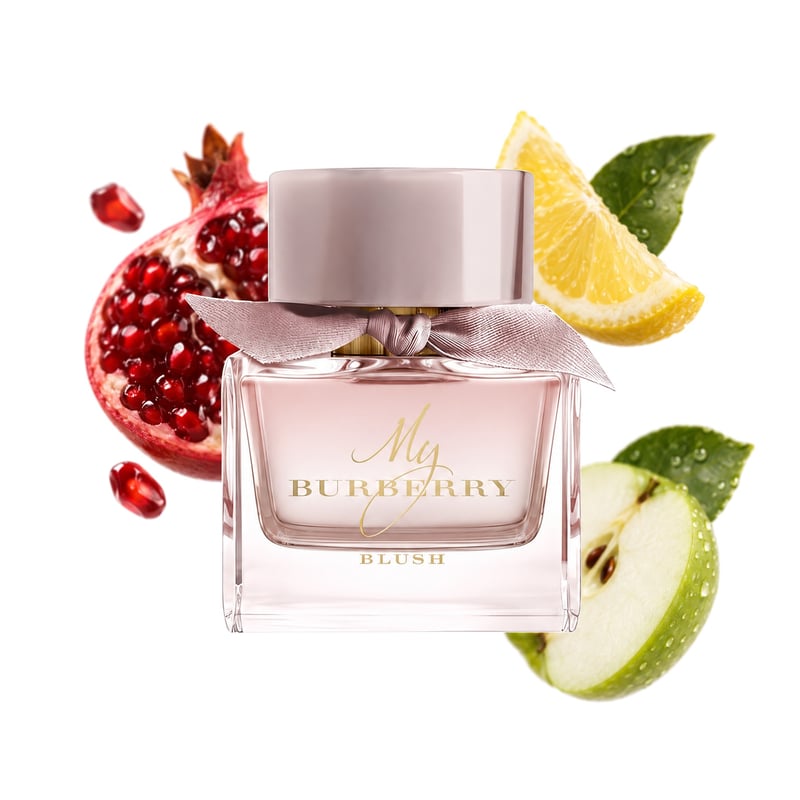 My Burberry Blush by Burberry, bottle pictured with its key notes: Pomegranate, Lemon and Green Apple