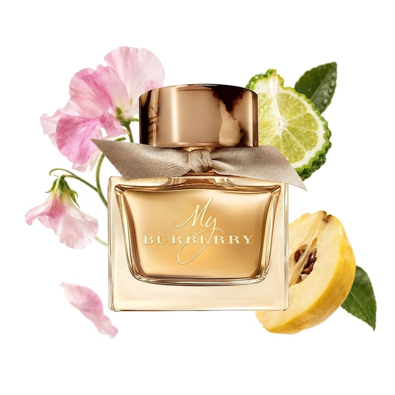 My Burberry by Burberry, bottle pictured with its key notes: Sweet Pea, Bergamot and Quince
