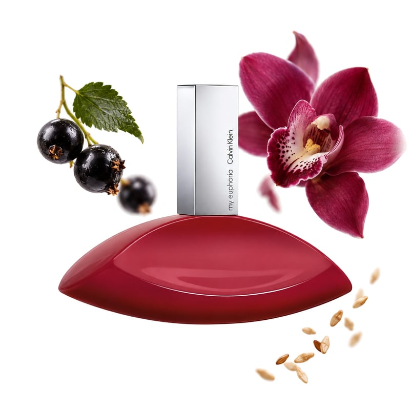 My Euphoria de Calvin Klein, flacon entouré de ses notes clés : Cassis, Orchidée et Sésame