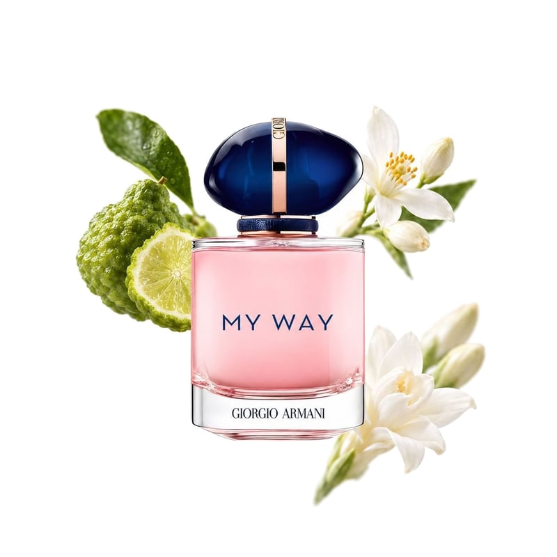 My Way de Giorgio Armani, frasco con sus notas principales: Bergamota, Azahar y Nardo