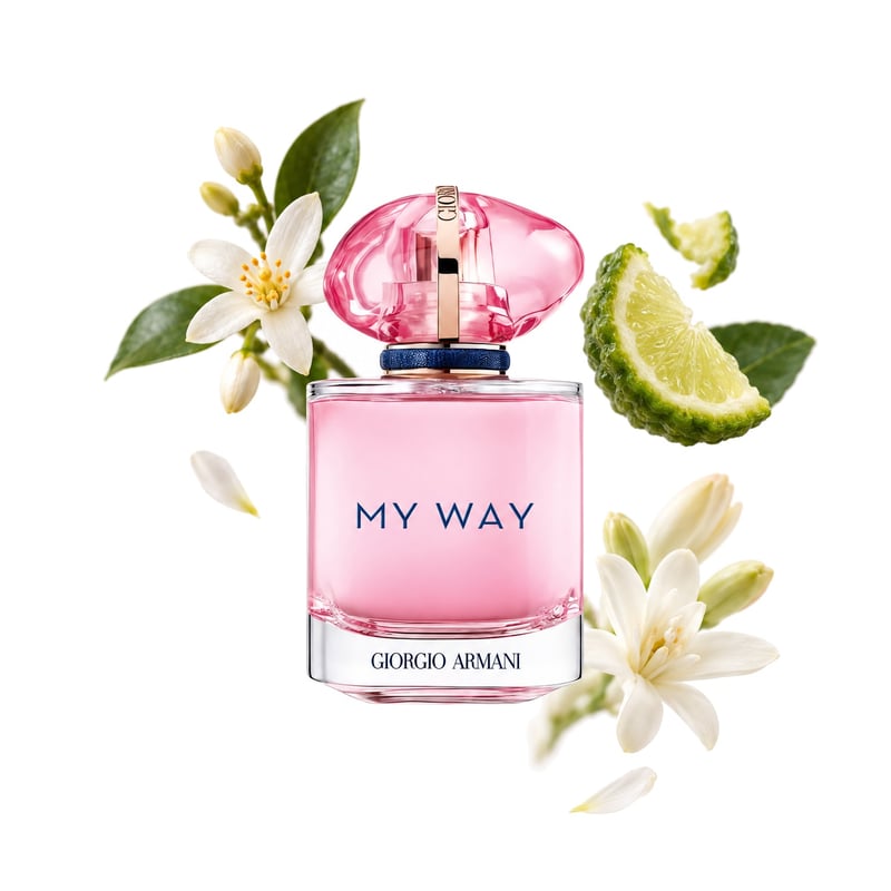 My Way Nectar by Giorgio Armani, bottle pictured with its key notes: Orange Blossom, Bergamot and Tuberose
