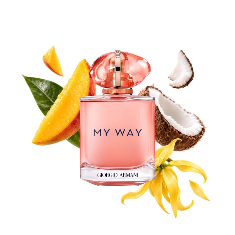 My Way Ylang von Giorgio Armani, Flakon mit seinen Hauptnoten: Mango, Kokosnuss und Ylang-Ylang