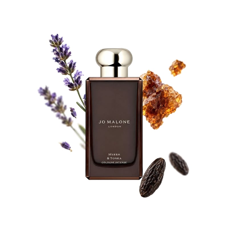 Myrrh & Tonka by Jo Malone London, bottle pictured with its key notes: Lavender, Myrrh and Tonka Bean
