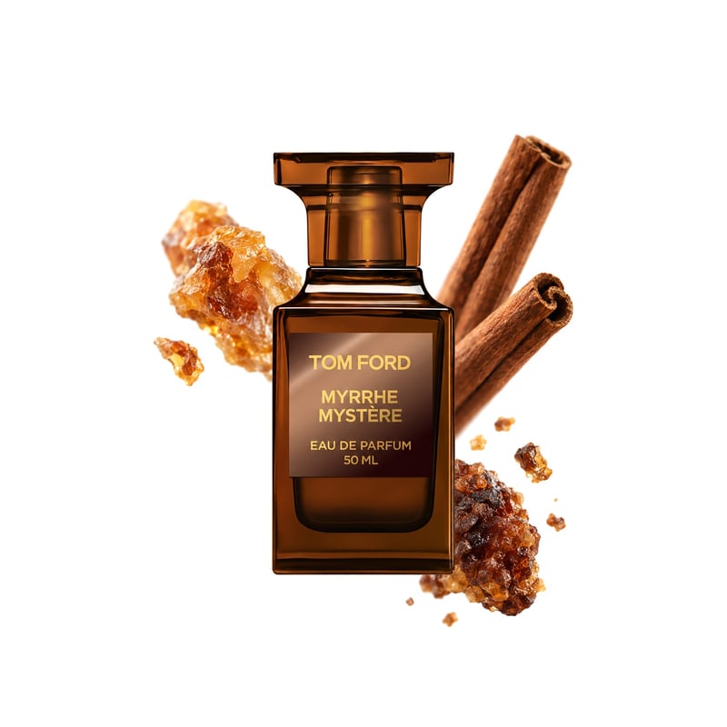 Myrrhe Mystere by Tom Ford, bottle pictured with its key notes: Benzoin, Cinnamon and Myrrh