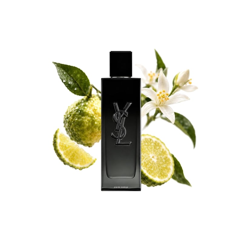 MYSLF Eau de Parfum di Yves Saint Laurent, flacone con le sue note principali: Bergamotto calabrese, Bergamotto e Fiori d’arancio tunisini