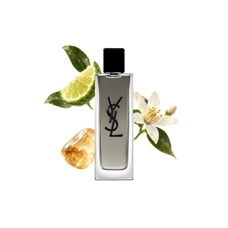 MYSLF Eau de Toilette Intense by Yves Saint Laurent, bottle pictured with its key notes: Bergamot, Ambrofix and Orange Blossom