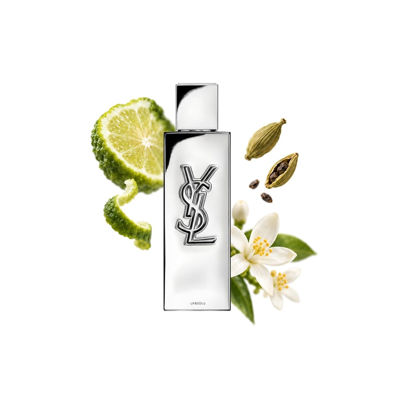 MYSLF L’Absolu von Yves Saint Laurent, Flakon mit seinen Hauptnoten: Bergamotte, Kardamom und Orangenblüte