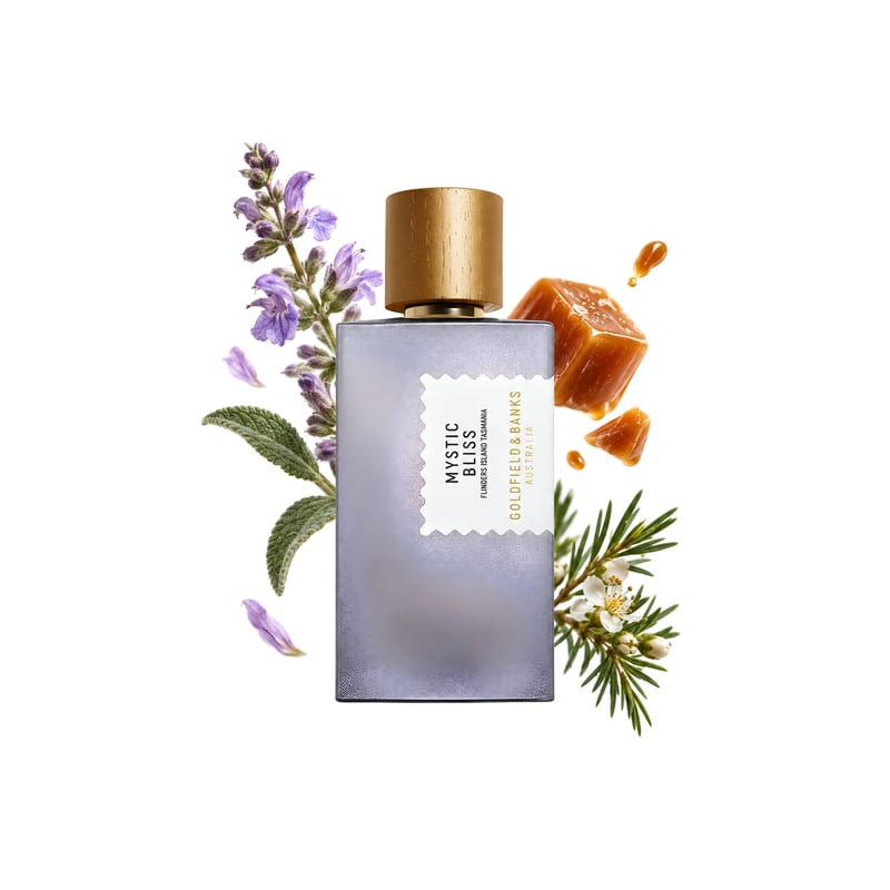 Mystic Bliss de Goldfield & Banks, flacon entouré de ses notes clés : Sauge sclarée, Caramel et Kunzea