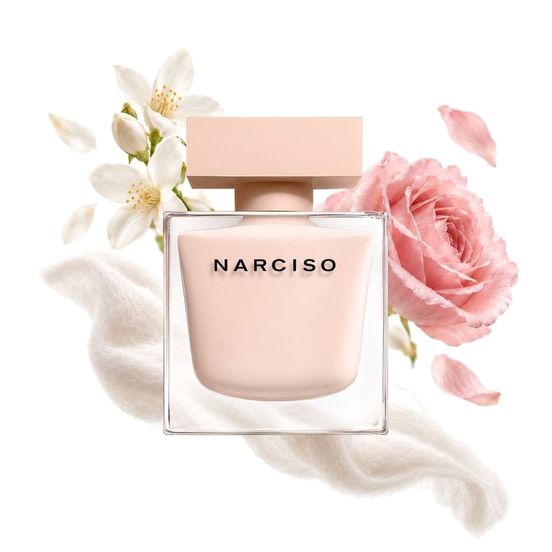 Narciso Poudree by Narciso Rodriguez, bottle pictured with its key notes: Jasmine, Bulgarian Rose and Musk