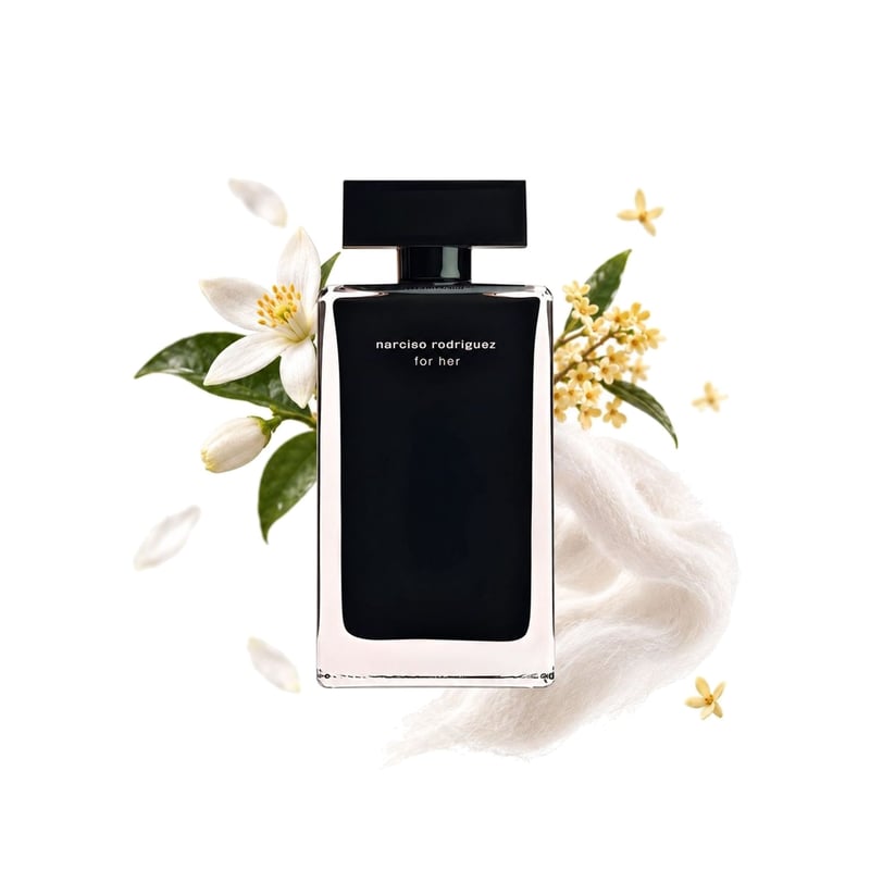 Narciso Rodriguez For Her του οίκου Narciso Rodriguez, φιάλη με τις κύριες νότες της: Αφρικανικό άνθος πορτοκαλιάς, Οσμάνθος και Μόσχος
