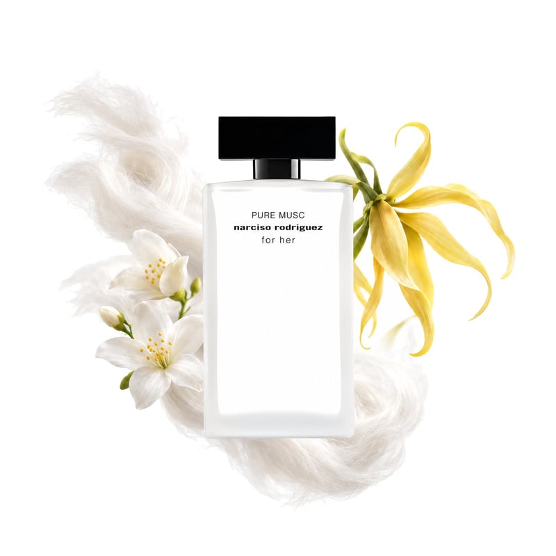 Narciso Rodriguez For Her Pure Musc von Narciso Rodriguez, Flakon mit seinen Hauptnoten: Moschus, Jasmin und Ylang-Ylang