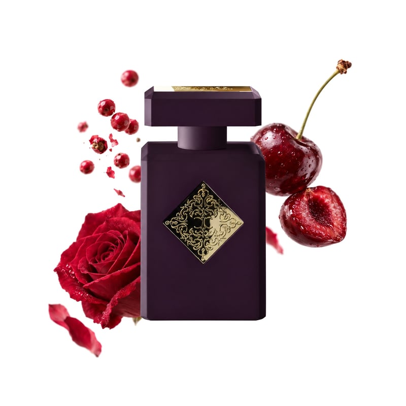 Narcotic Delight by Initio Parfums Prives, bottle pictured with its key notes: Pink Pepper, Cherry and Rose