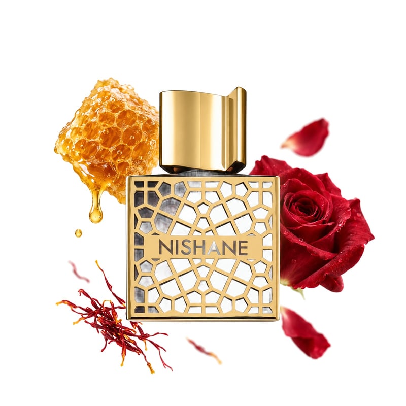 Nefs by Nishane, bottle pictured with its key notes: Honey, Saffron and Rose