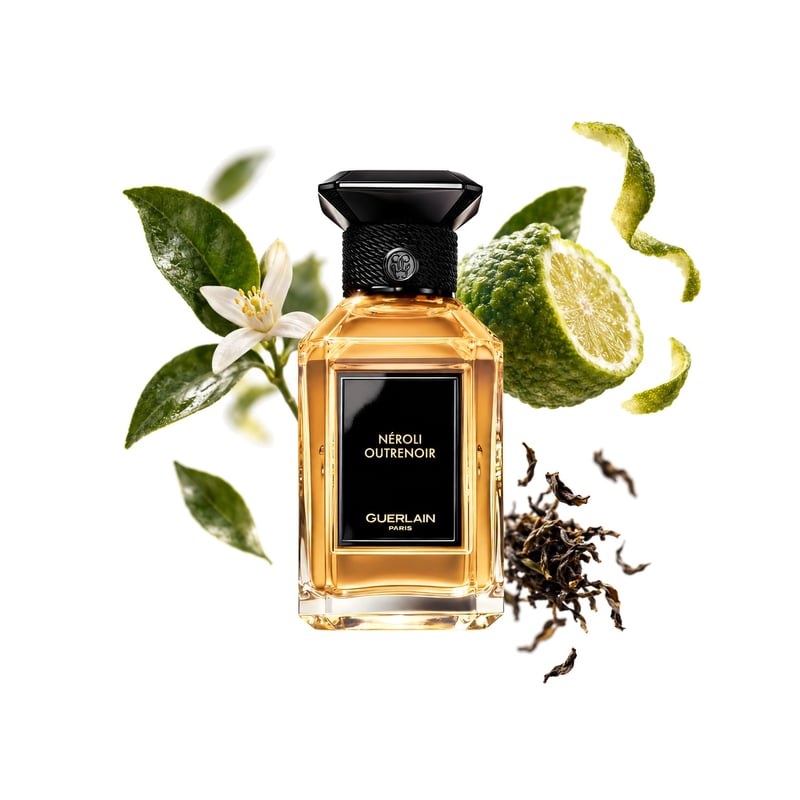 Néroli Outrenoir του οίκου Guerlain, φιάλη με τις κύριες νότες της: Πετιγκρέν, Περγαμόντο και Τσάι