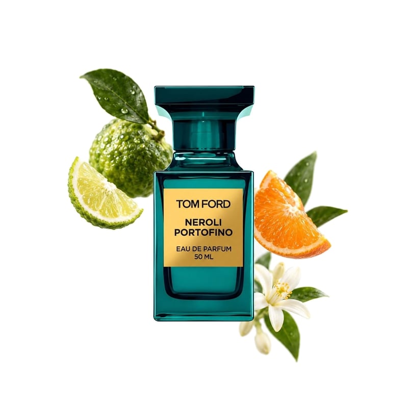 Neroli Portofino by Tom Ford, bottle pictured with its key notes: Bergamot, Mandarin Orange and Neroli