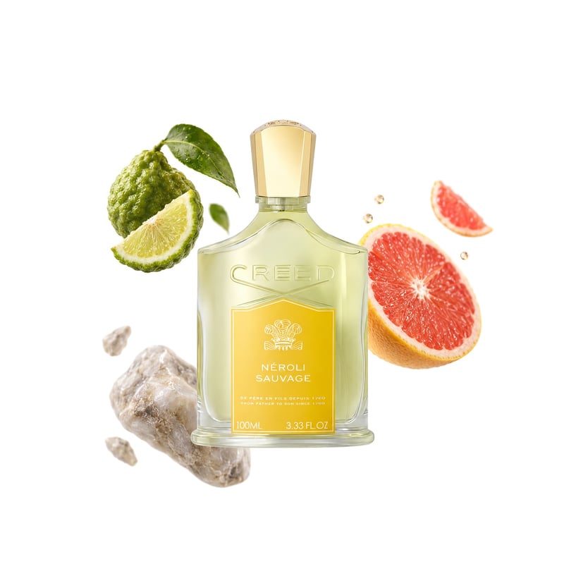 Neroli Sauvage by Creed, bottle pictured with its key notes: Bergamot, Grapefruit and Ambergris