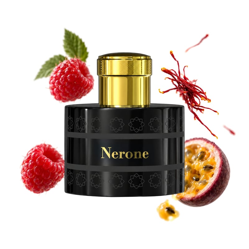 Nerone de Pantheon Roma, flacon entouré de ses notes clés : Framboise, Safran et Fruit de la passion