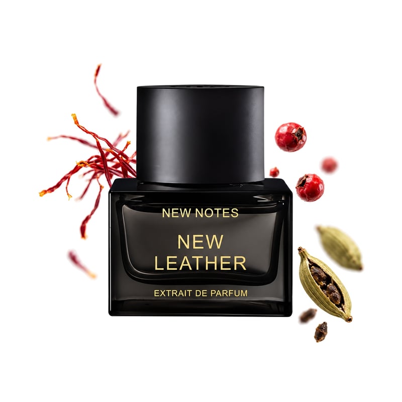 New Leather by New Notes, bottle pictured with its key notes: Saffron, Pink Pepper and Cardamom